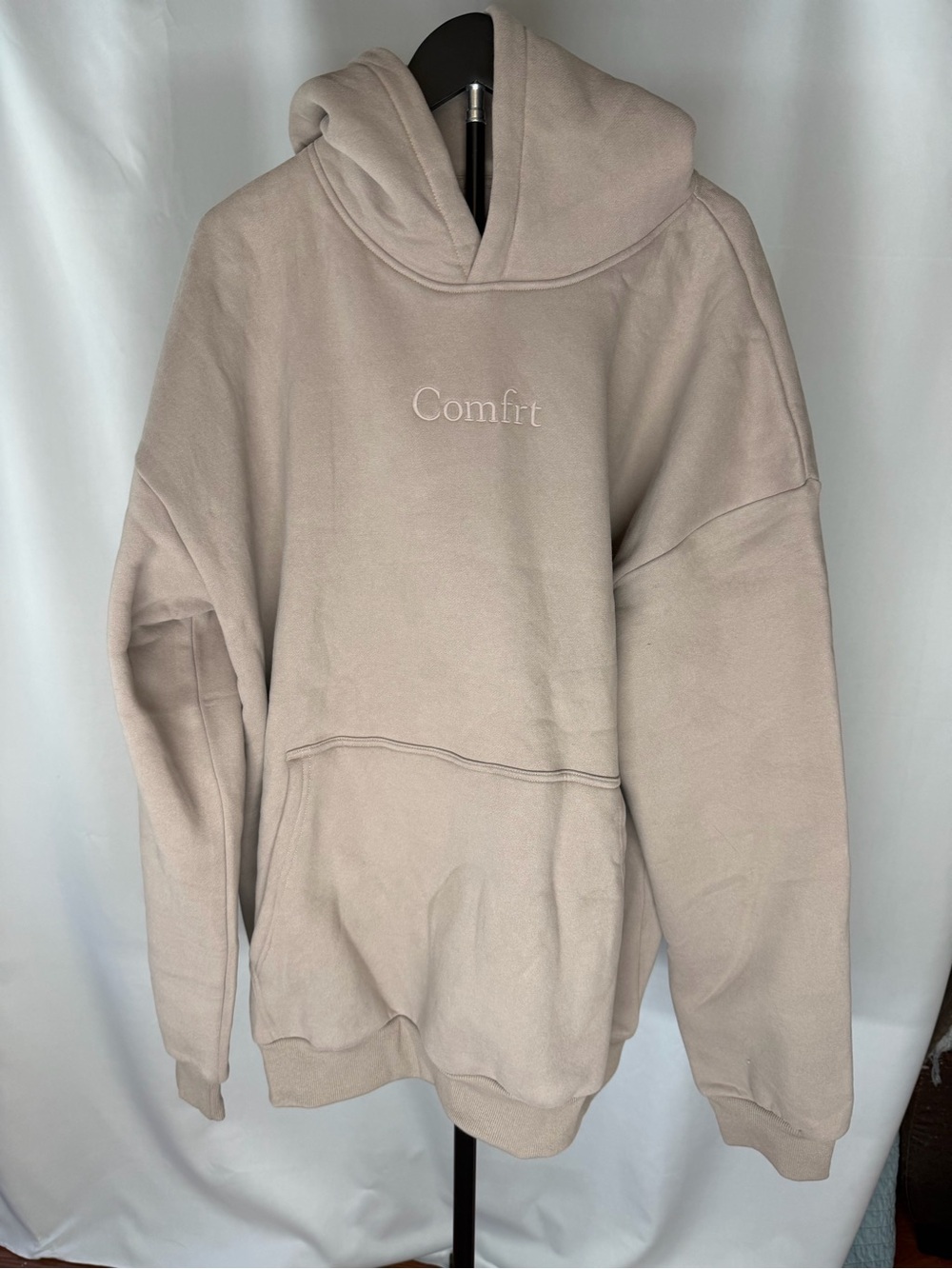 Comfrt Beige Taupe Oversized Hoodie 2XL Embroidered Logo Pullover Sweatshirt